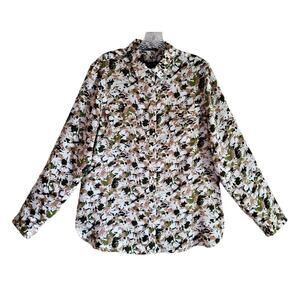 JONES NEW YORK L Shirt Button Up Long Roll Tab Sleeve Green Beige Satiny Bust 42